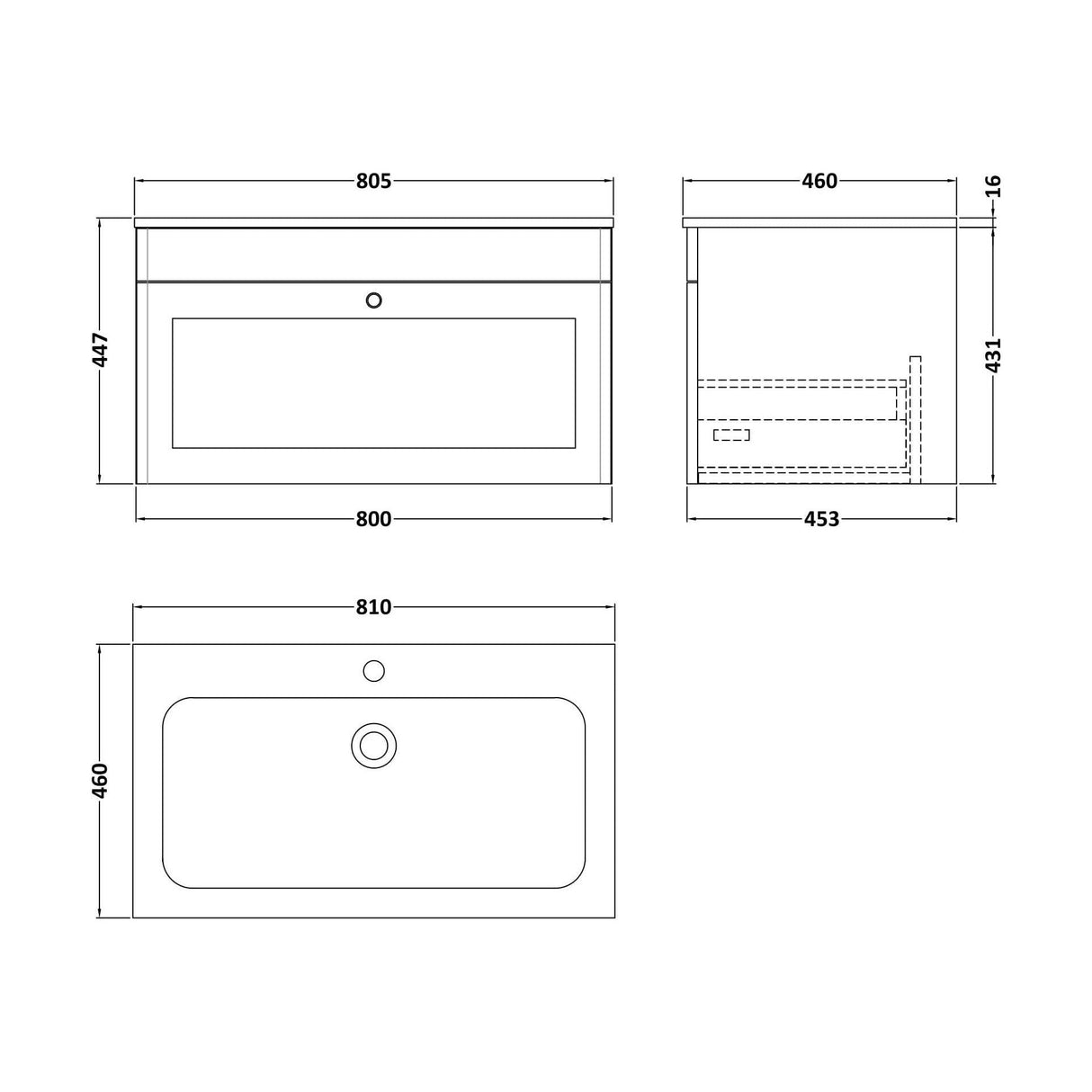 [BFCL896P] Swynnerton Traditional 1 Drawer Wall Hung Vanity Basin Unit with 1 Tap Hole Stone Basin, Choice of Size and Colour - Technical Drawing