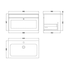 [BFCL896P] Swynnerton Traditional 1 Drawer Wall Hung Vanity Basin Unit with 1 Tap Hole Stone Basin, Choice of Size and Colour - Technical Drawing