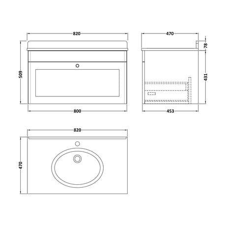 [BFCL896WR1] Swynnerton Traditional 1 Drawer Wall Hung Vanity Unit with Marble Basin, Satin Green, 800mm - Technical Drawing