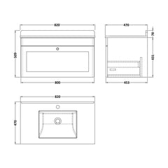 [BFCL896WS1] Swynnerton Traditional 1 Drawer Wall Hung Vanity Basin Unit with 1 Tap Hole White Marble Worktop and Square Basin, Choice of Size and Colour - Technical Drawing