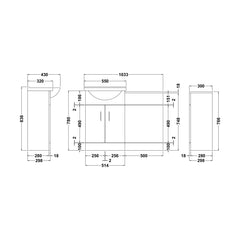 [BFCR001RB] Cloakroom Furniture Pack - Cabinet, Round Basin, WC Unit, Concealed Cistern, Back to Wall Pan and Soft Close Seat - Gloss White - Technical Drawing