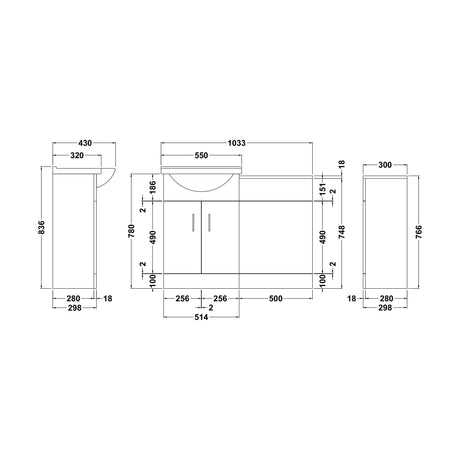 [BFCR001RB] Cloakroom Furniture Pack - Cabinet, Round Basin, WC Unit, Concealed Cistern, Back to Wall Pan and Soft Close Seat - Gloss White - Technical Drawing