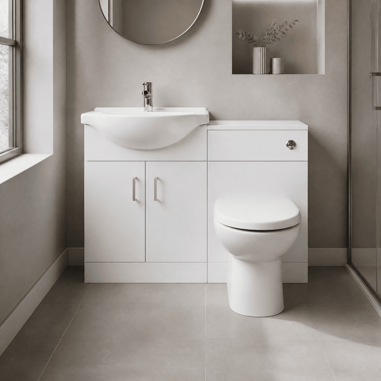 [BFCR001RB] Cloakroom Furniture Pack - Cabinet, Round Basin, WC Unit, Concealed Cistern, Back to Wall Pan and Soft Close Seat - Gloss White - Lifestyle 1