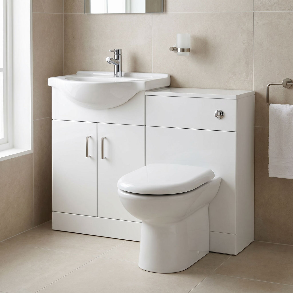 [BFCR001RB] Cloakroom Furniture Pack - Cabinet, Round Basin, WC Unit, Concealed Cistern, Back to Wall Pan and Soft Close Seat - Gloss White - Lifestyle 2