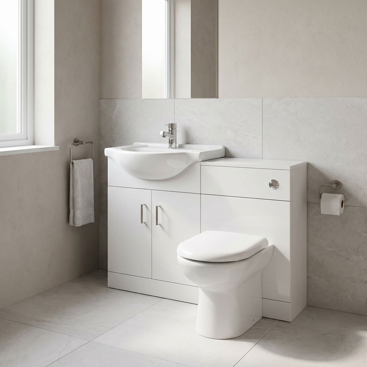 [BFCR001RB] Cloakroom Furniture Pack - Cabinet, Round Basin, WC Unit, Concealed Cistern, Back to Wall Pan and Soft Close Seat - Gloss White - Lifestyle 3