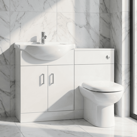 [BFCR001RB] Cloakroom Furniture Pack - Cabinet, Round Basin, WC Unit, Concealed Cistern, Back to Wall Pan and Soft Close Seat - Gloss White - Silo