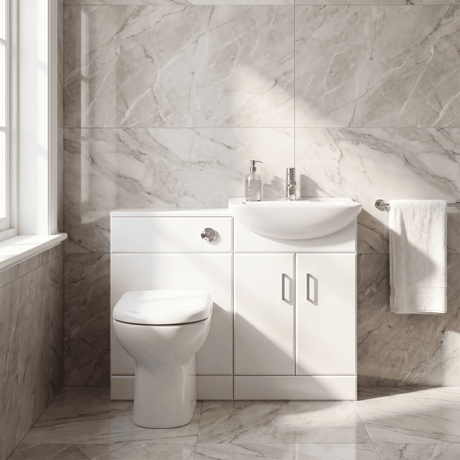 [BFCR001SB] Cloakroom Furniture Pack - Cabinet, Square Basin, WC Unit, Concealed Cistern, Back to Wall Pan and Soft Close Seat - Gloss White - Silo