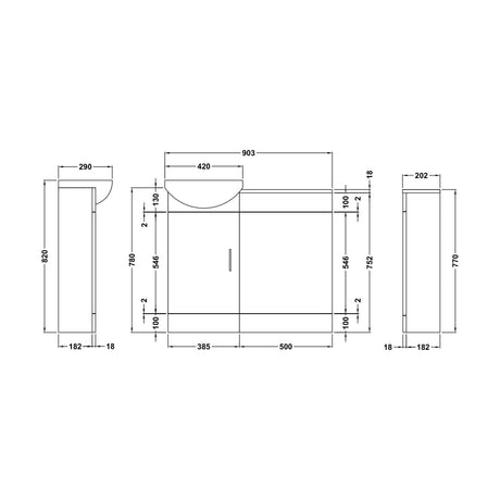 [BFCR002] Cloakroom Furniture Pack - Includes Cabinet, Basin, WC Unit, Cistern, Back to Wall Toilet Pan and Soft Close Seat - Gloss White - Technical Drawing