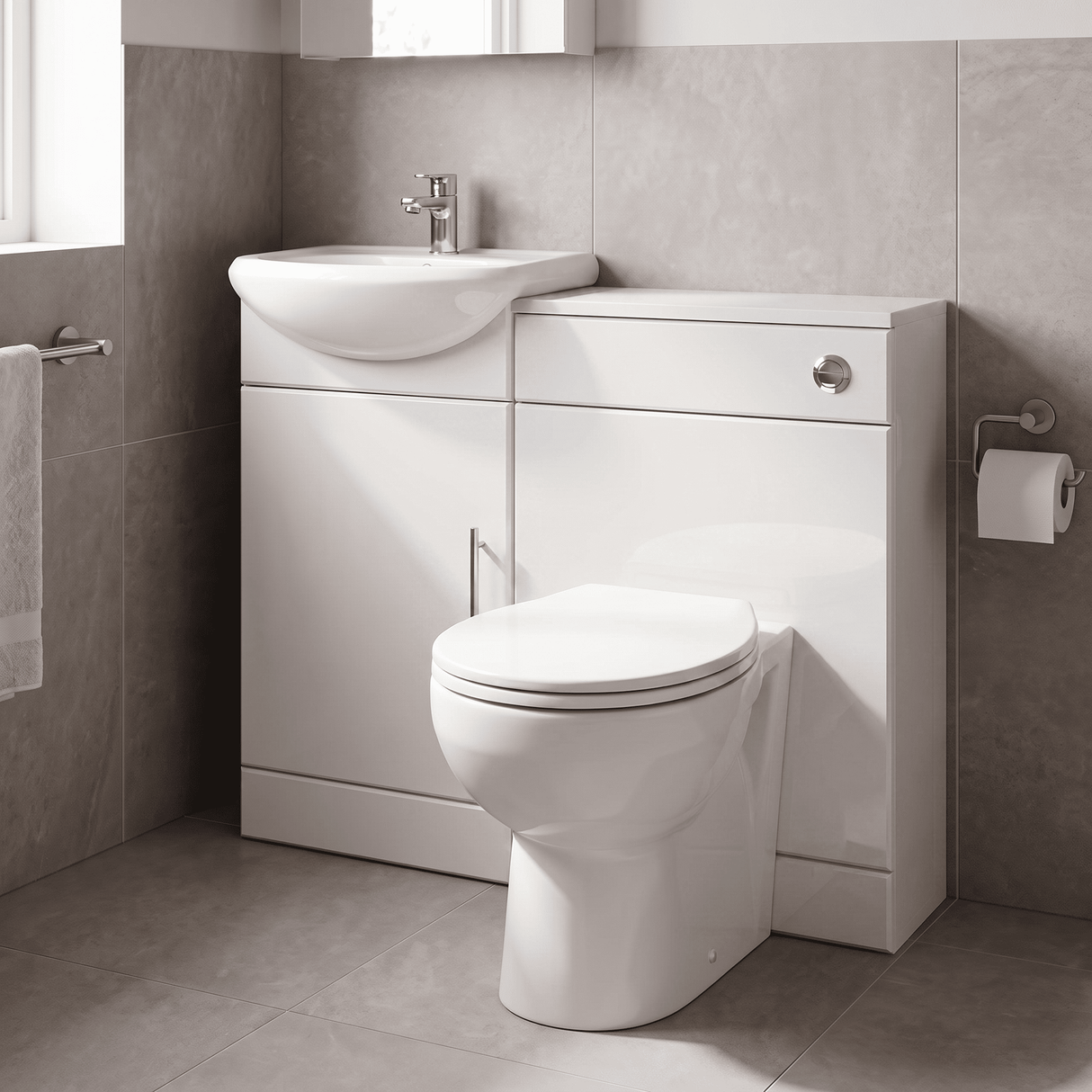 [BFCR002] Cloakroom Furniture Pack - Includes Cabinet, Basin, WC Unit, Cistern, Back to Wall Toilet Pan and Soft Close Seat - Gloss White - Lifestyle 2