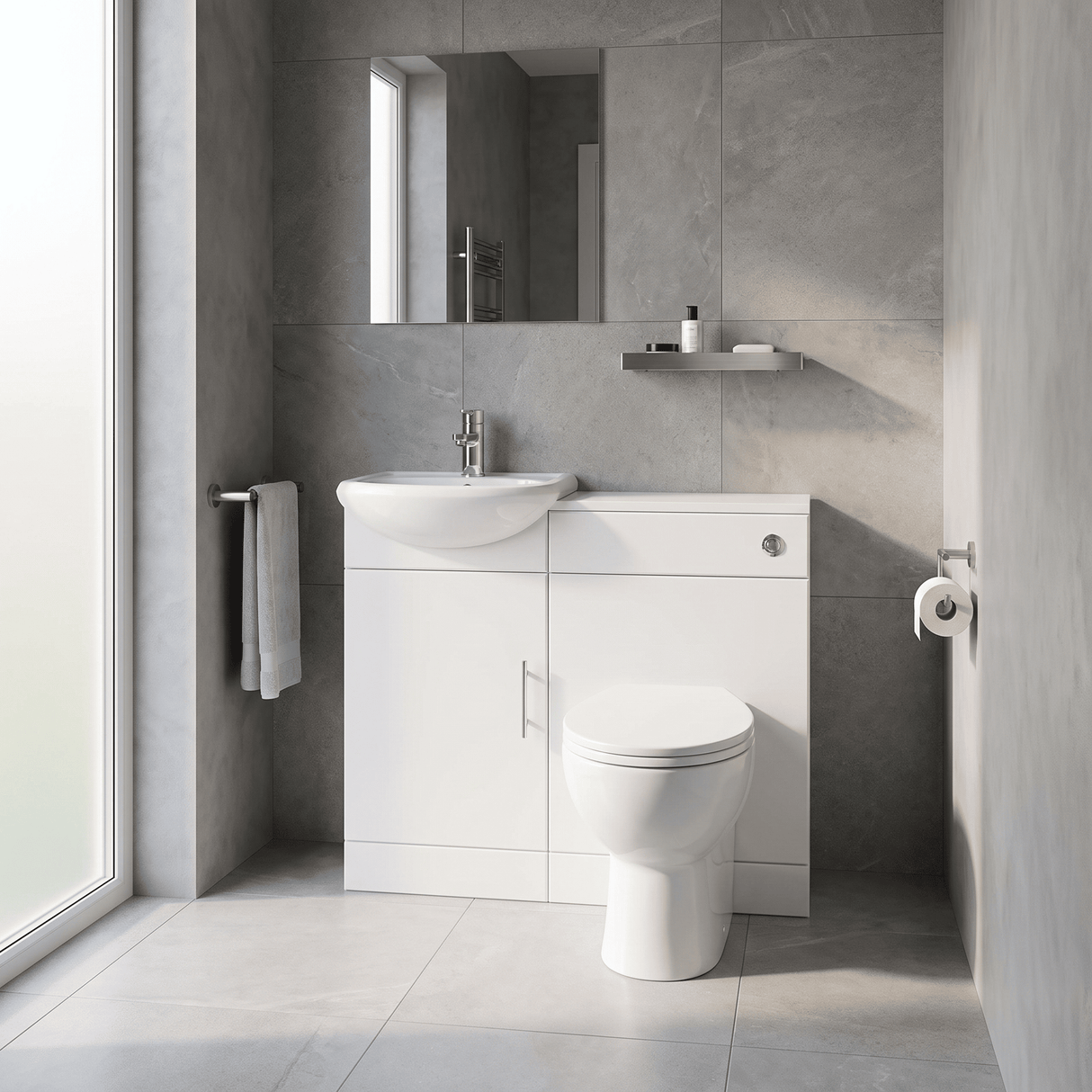 [BFCR002] Cloakroom Furniture Pack - Includes Cabinet, Basin, WC Unit, Cistern, Back to Wall Toilet Pan and Soft Close Seat - Gloss White - Lifestyle 3