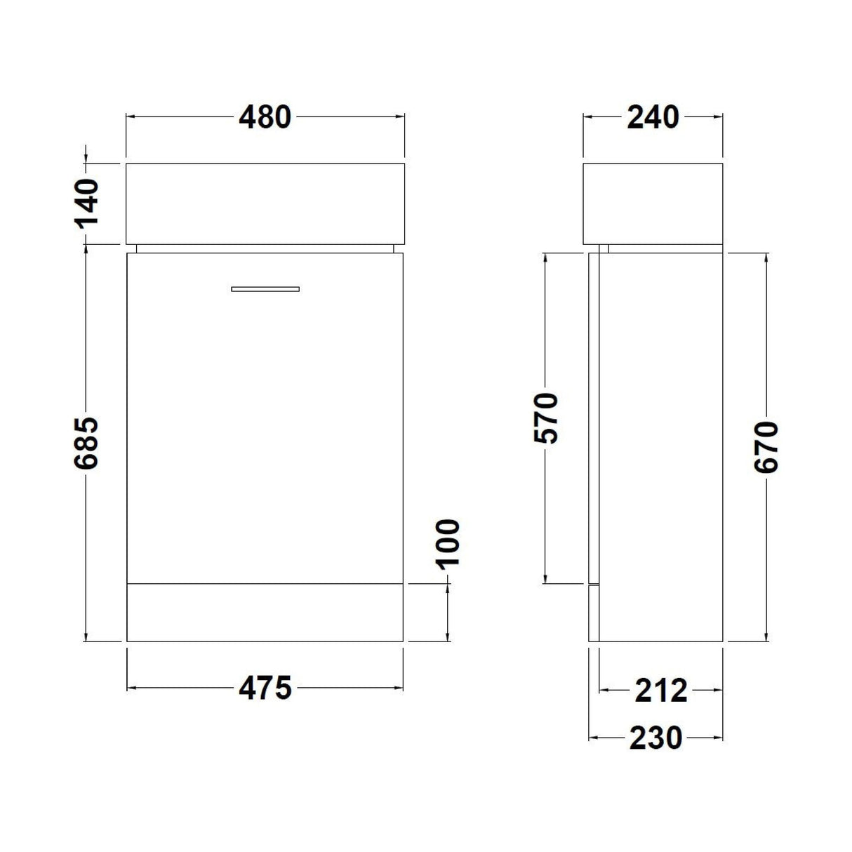 [BFCR058] One Door Cloakroom Vanity Basin Unit - 480mm - Gloss White - Technical Drawing