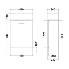 [BFCR058] One Door Cloakroom Vanity Basin Unit - 480mm - Gloss White - Technical Drawing