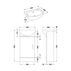 [BFCR100] Orbit 1 Door Modern Vanity Basin Unit, Gloss White, 400x780x200mm - Technical Drawing