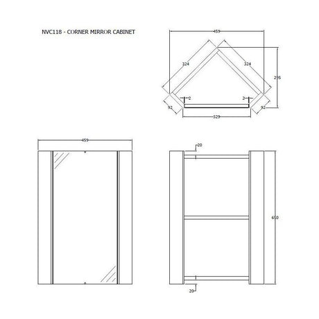[BFCR118] Corner Wall Hung Mirror Cabinet in Gloss White by Balterley - Technical Drawing