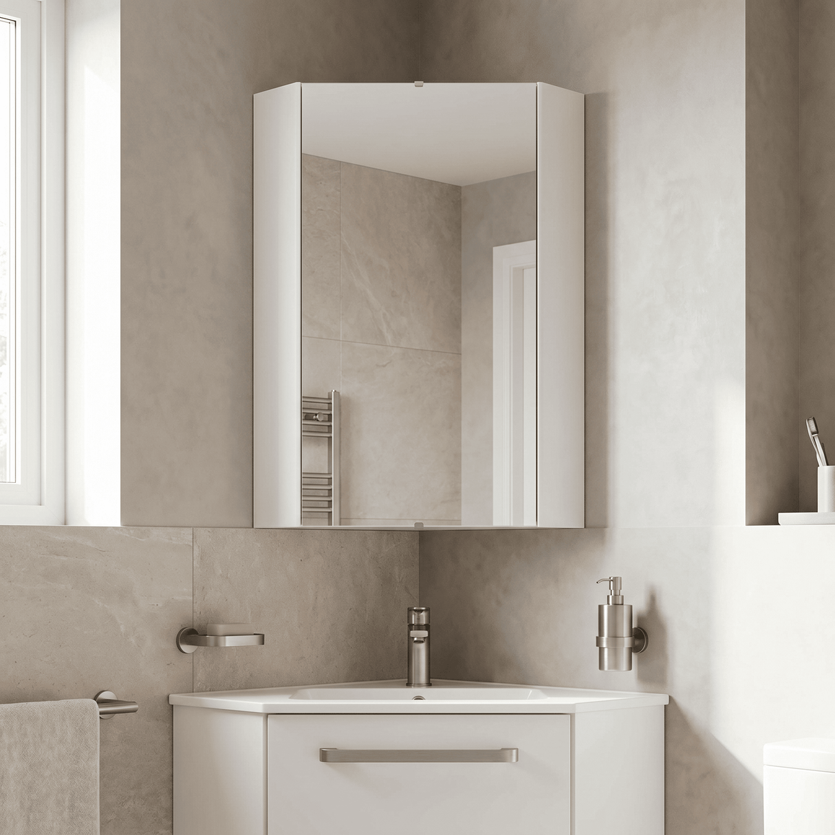 [BFCR118] Corner Wall Hung Mirror Cabinet in Gloss White by Balterley - Lifestyle 1