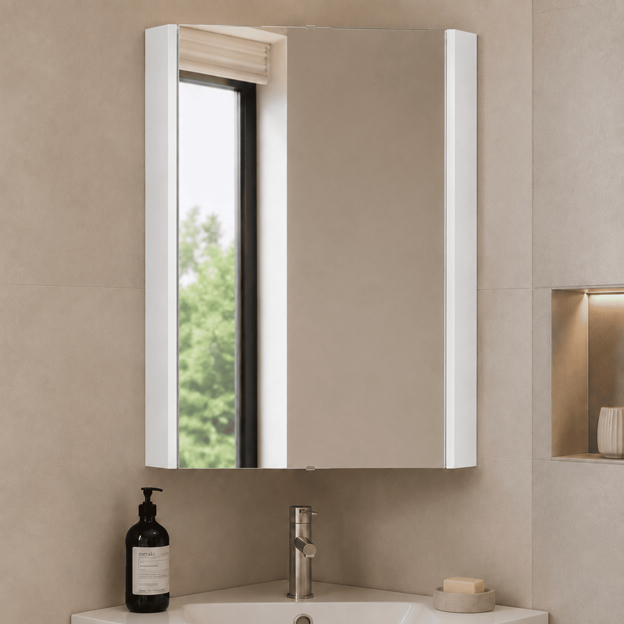 [BFCR118] Corner Wall Hung Mirror Cabinet in Gloss White by Balterley - Lifestyle 3