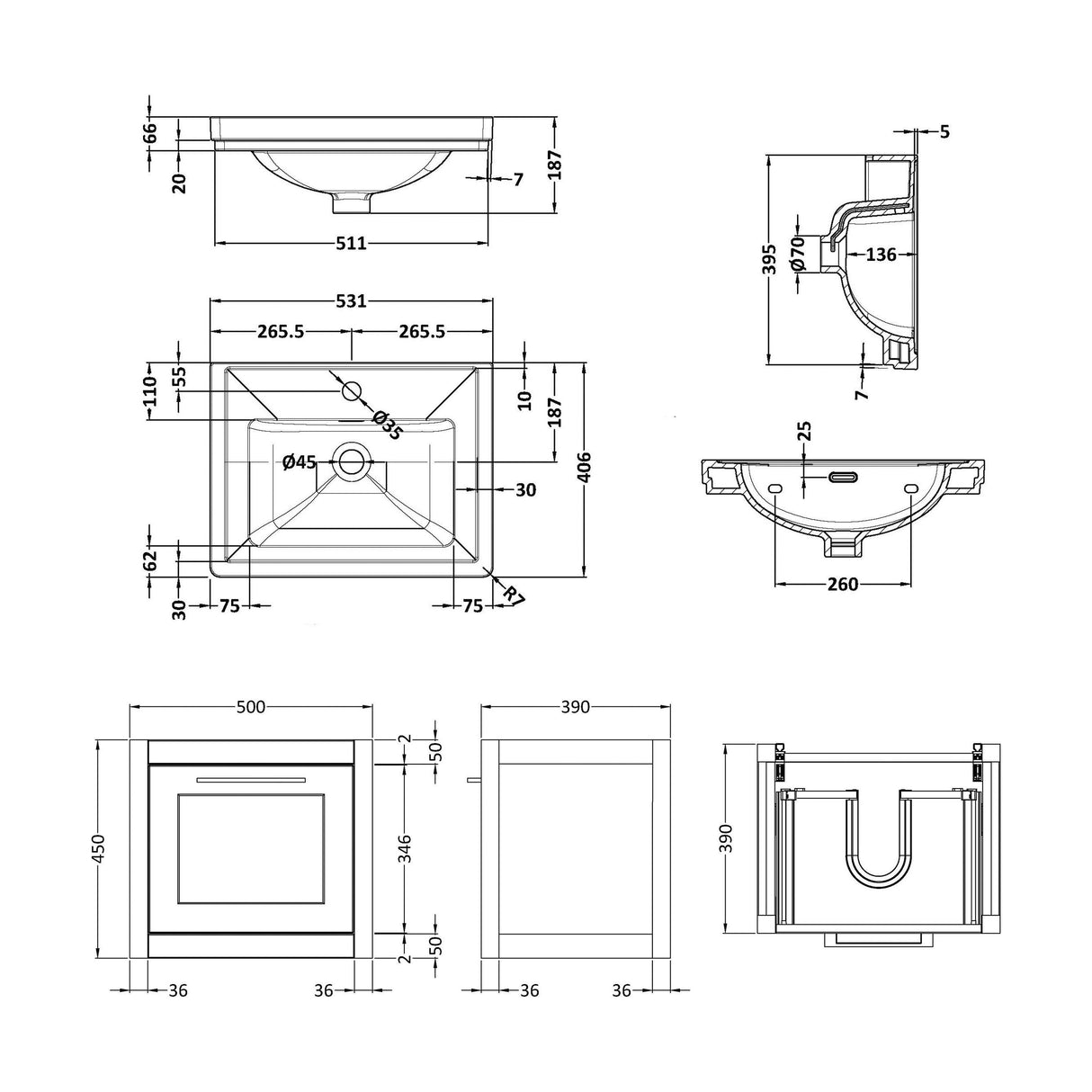 [BFCR1491A] Blithbury Traditional Wall Hung Vanity Basin Unit with Fireclay Basin - Choice of Size, Colour and Basin Type - Technical Drawing