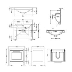 [BFCR1491A] Blithbury Traditional Wall Hung Vanity Basin Unit with Fireclay Basin - Choice of Size, Colour and Basin Type - Technical Drawing