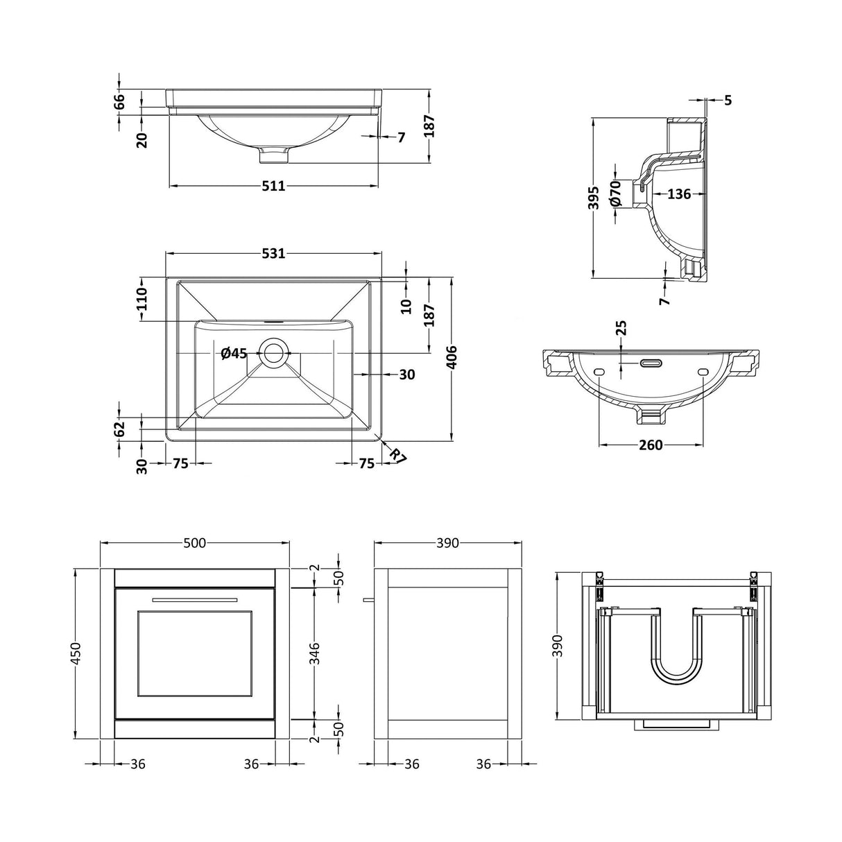 [BFCR1491H] Blithbury Traditional Wall Hung Vanity Basin Unit with Fireclay Basin - Choice of Size, Colour and Basin Type - Technical Drawing