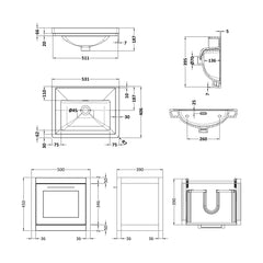 [BFCR1491H] Blithbury Traditional Wall Hung Vanity Basin Unit with Fireclay Basin - Choice of Size, Colour and Basin Type - Technical Drawing