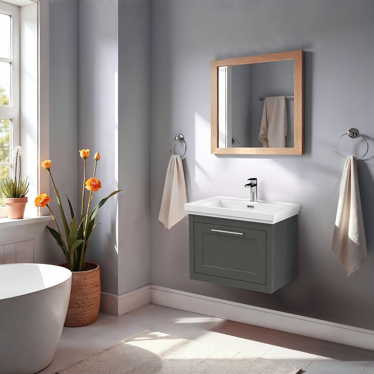 Traditional Wall Hung Vanity Basin Unit with Fireclay Basin - Choice of Size, Colour and Basin Type