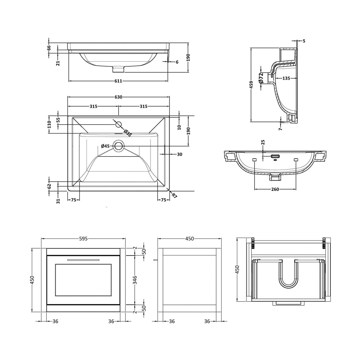 [BFCR1494A] Blithbury Traditional Wall Hung Vanity Basin Unit with Fireclay Basin - Choice of Size, Colour and Basin Type - Technical Drawing