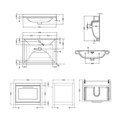 [BFCR1494A] Blithbury Traditional Wall Hung Vanity Basin Unit with Fireclay Basin - Choice of Size, Colour and Basin Type - Technical Drawing