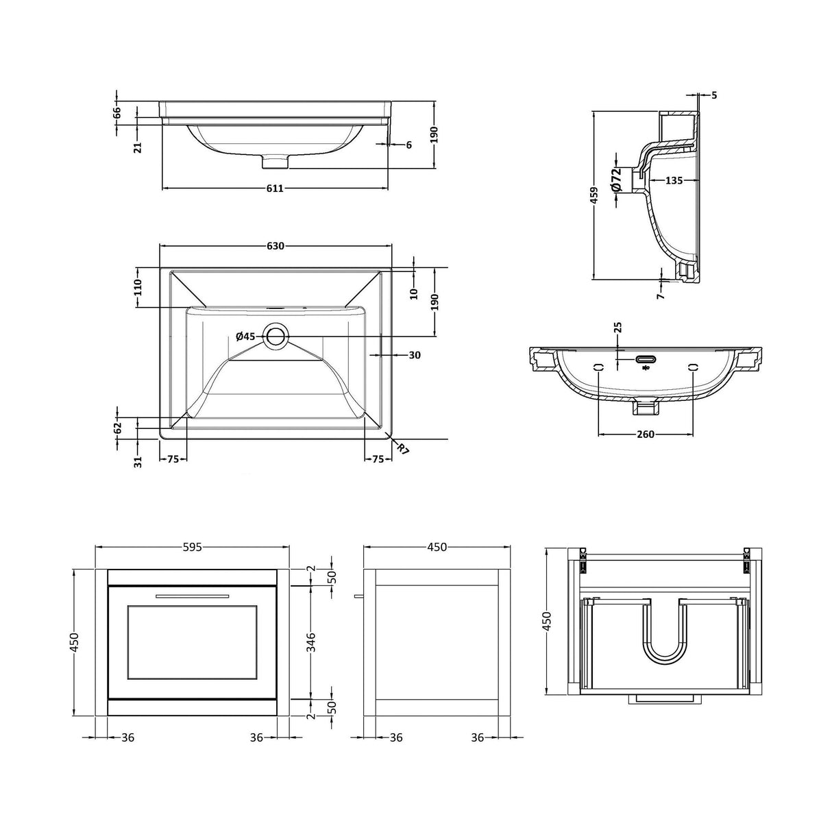 [BFCR1494H] Blithbury Traditional Wall Hung Vanity Basin Unit with Fireclay Basin - Choice of Size, Colour and Basin Type - Technical Drawing