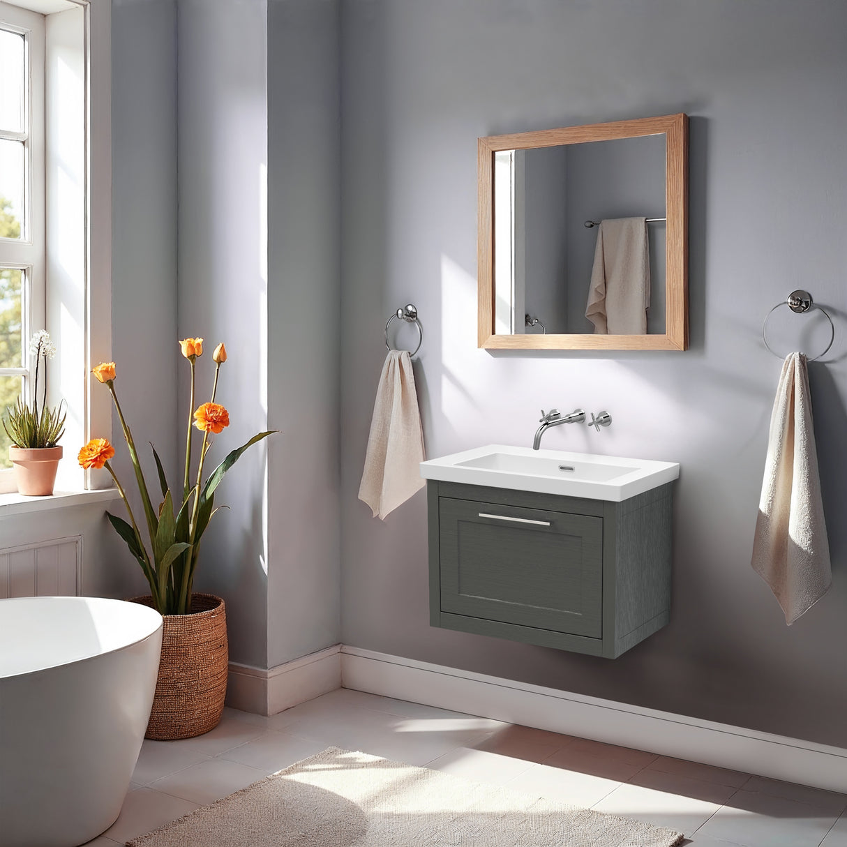 Traditional Bathroom Wall Hung Vanity with Modern Fireclay Basin Unit - Choice of Size, Colour and Basin Type