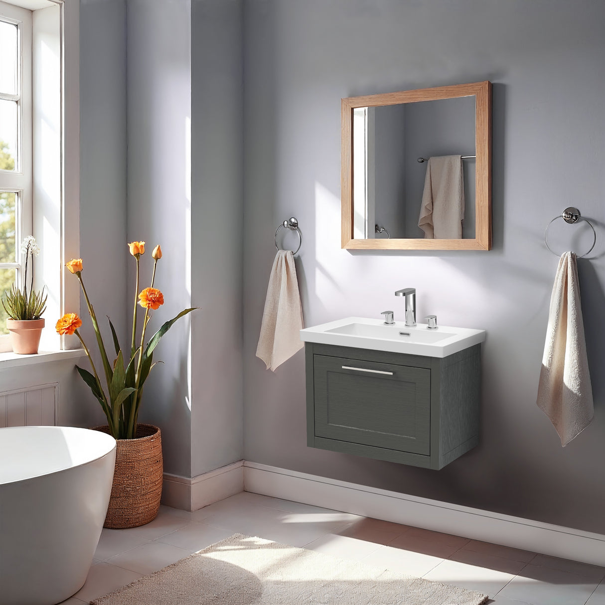 Traditional Bathroom Wall Hung Vanity with Modern Fireclay Basin Unit - Choice of Size, Colour and Basin Type