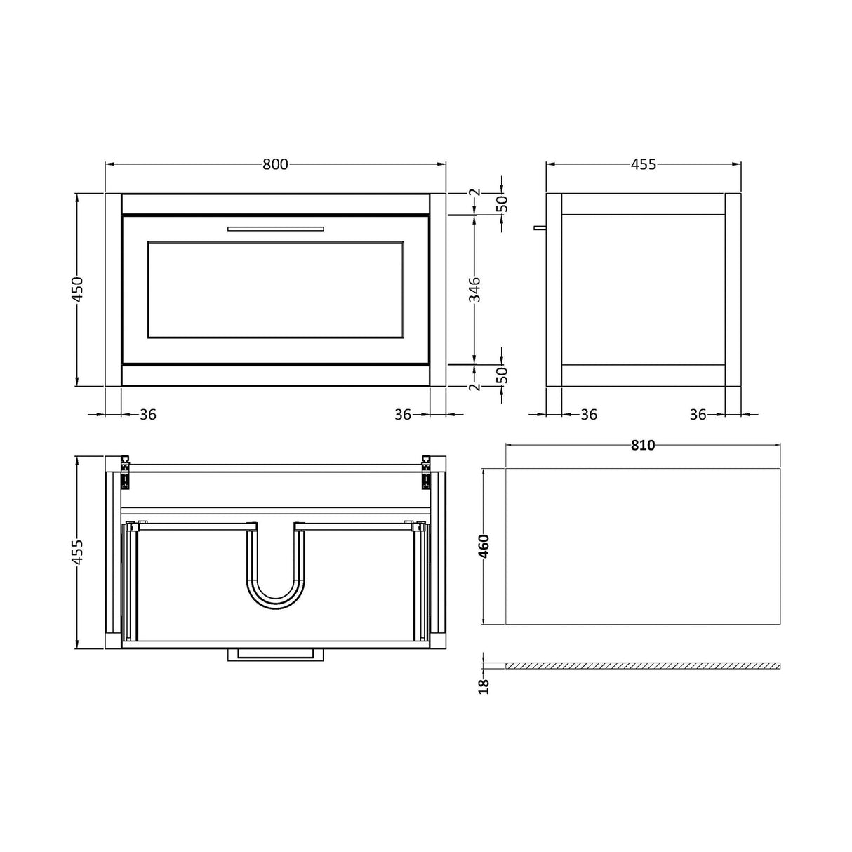 [BFCR1496GMT] Blithbury Traditional Bathroom Wall Hung Vanity Unit and Worktop - Choice of Size and Colour - Technical Drawing