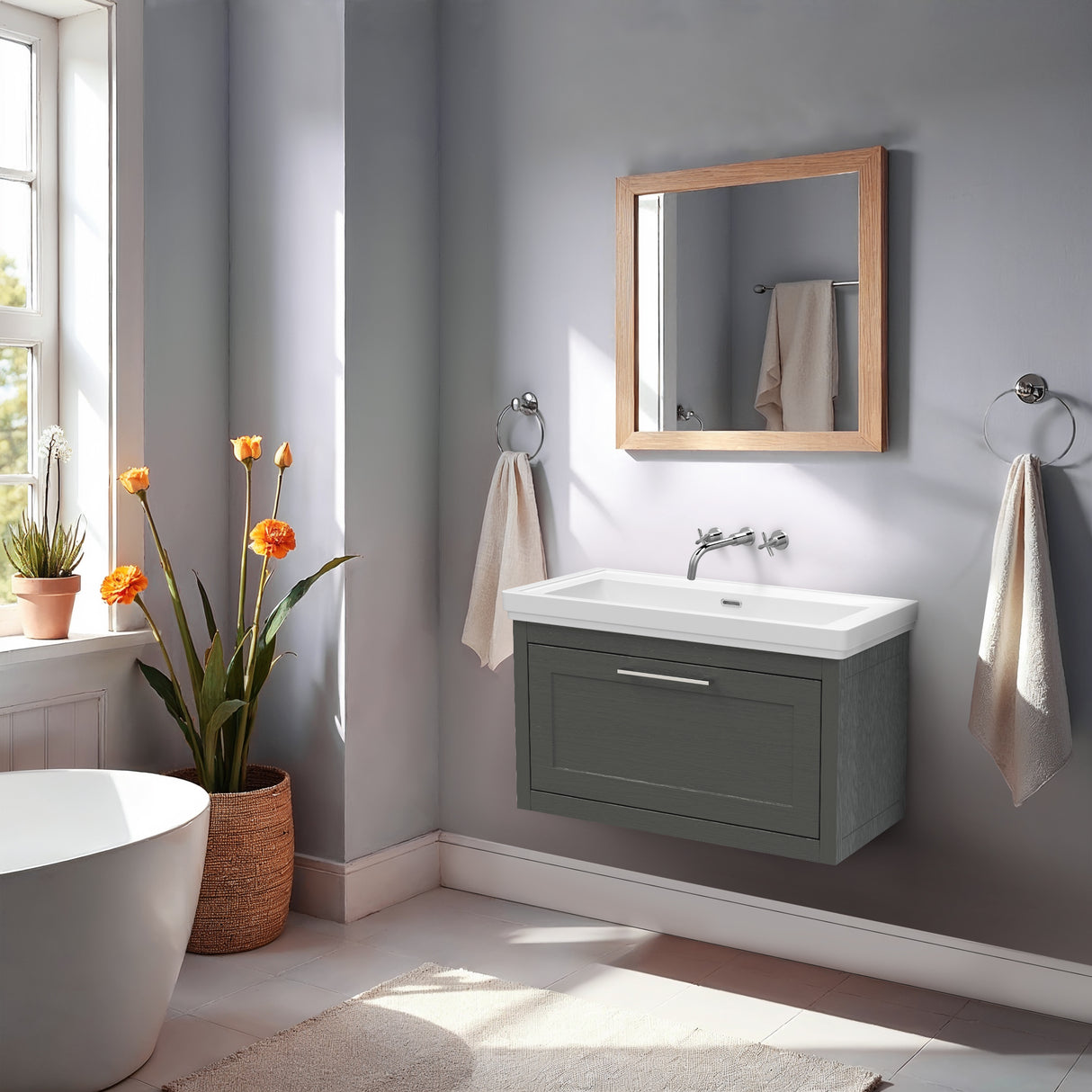 Traditional Wall Hung Vanity Basin Unit with Fireclay Basin - Choice of Size, Colour and Basin Type