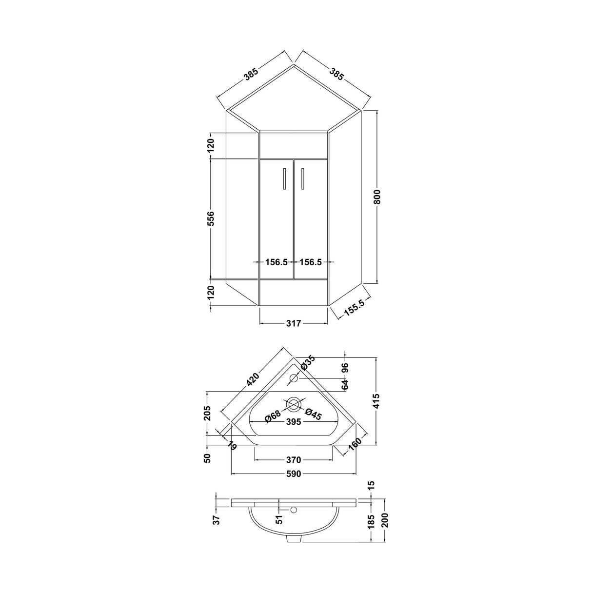 [BFCR180A] Hamstall Gloss White Corner Bathroom Cloakroom Vanity Basin Unit - 1 or 2 Door Option - Technical Drawing