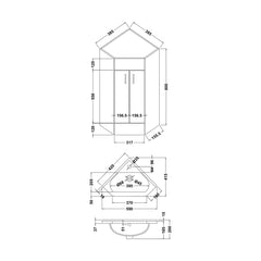 [BFCR180A] Hamstall Gloss White Corner Bathroom Cloakroom Vanity Basin Unit - 1 or 2 Door Option - Technical Drawing