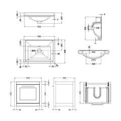 [BFCR191H] Blithbury Traditional Wall Hung Vanity Basin Unit with Fireclay Basin - Choice of Size, Colour and Basin Type - Technical Drawing