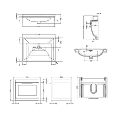 [BFCR194H] Blithbury Traditional Wall Hung Vanity Basin Unit with Fireclay Basin - Choice of Size, Colour and Basin Type - Technical Drawing