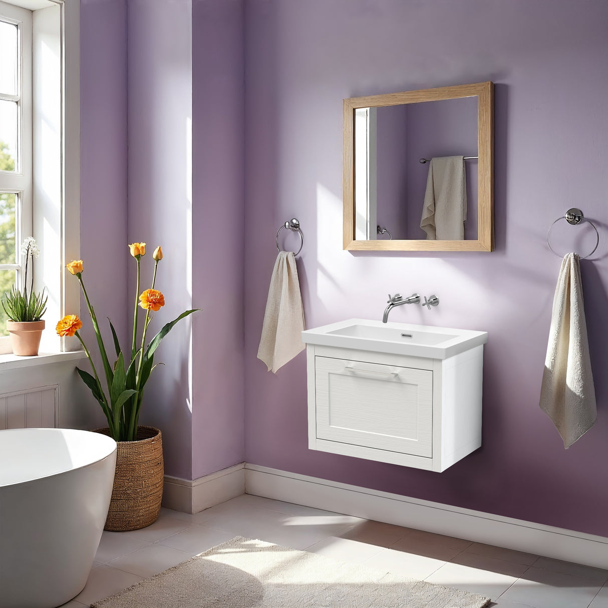 Traditional Bathroom Wall Hung Vanity with Modern Fireclay Basin Unit - Choice of Size, Colour and Basin Type