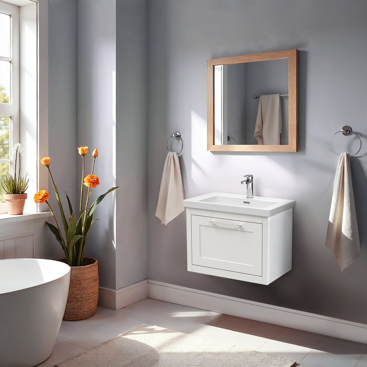 Traditional Bathroom Wall Hung Vanity with Modern Fireclay Basin Unit - Choice of Size, Colour and Basin Type