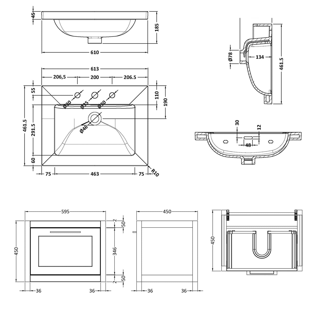 Traditional Bathroom Wall Hung Vanity with Modern Fireclay Basin Unit - Choice of Size, Colour and Basin Type