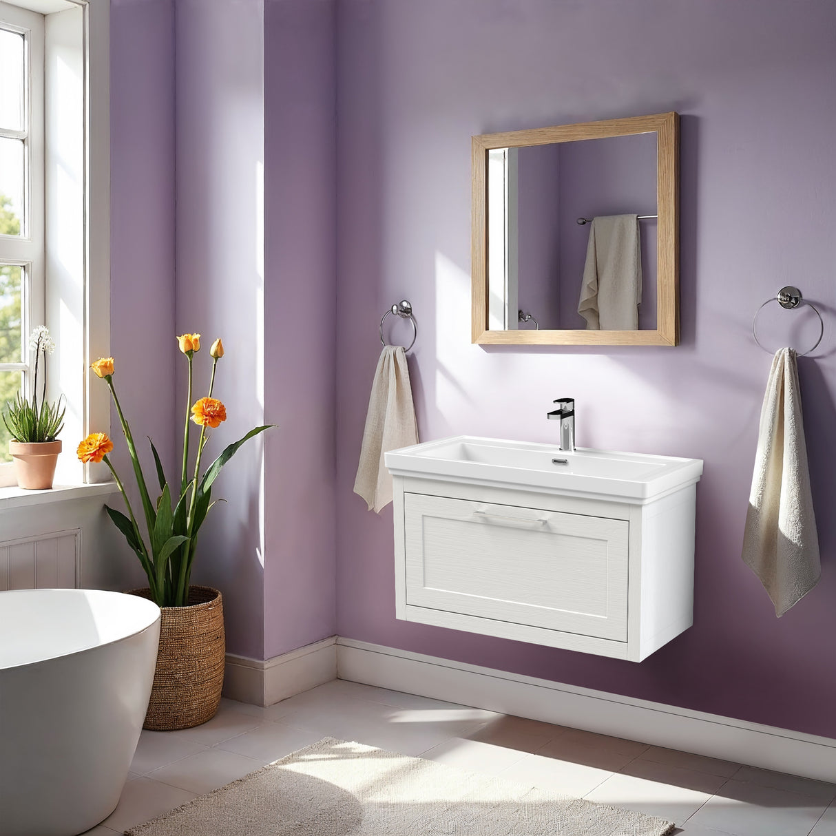 Traditional Wall Hung Vanity Basin Unit with Fireclay Basin - Choice of Size, Colour and Basin Type