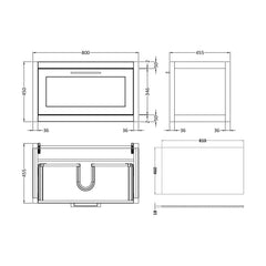 [BFCR196CMT] Blithbury Traditional Bathroom Wall Hung Vanity Unit and Worktop - Choice of Size and Colour - Technical Drawing