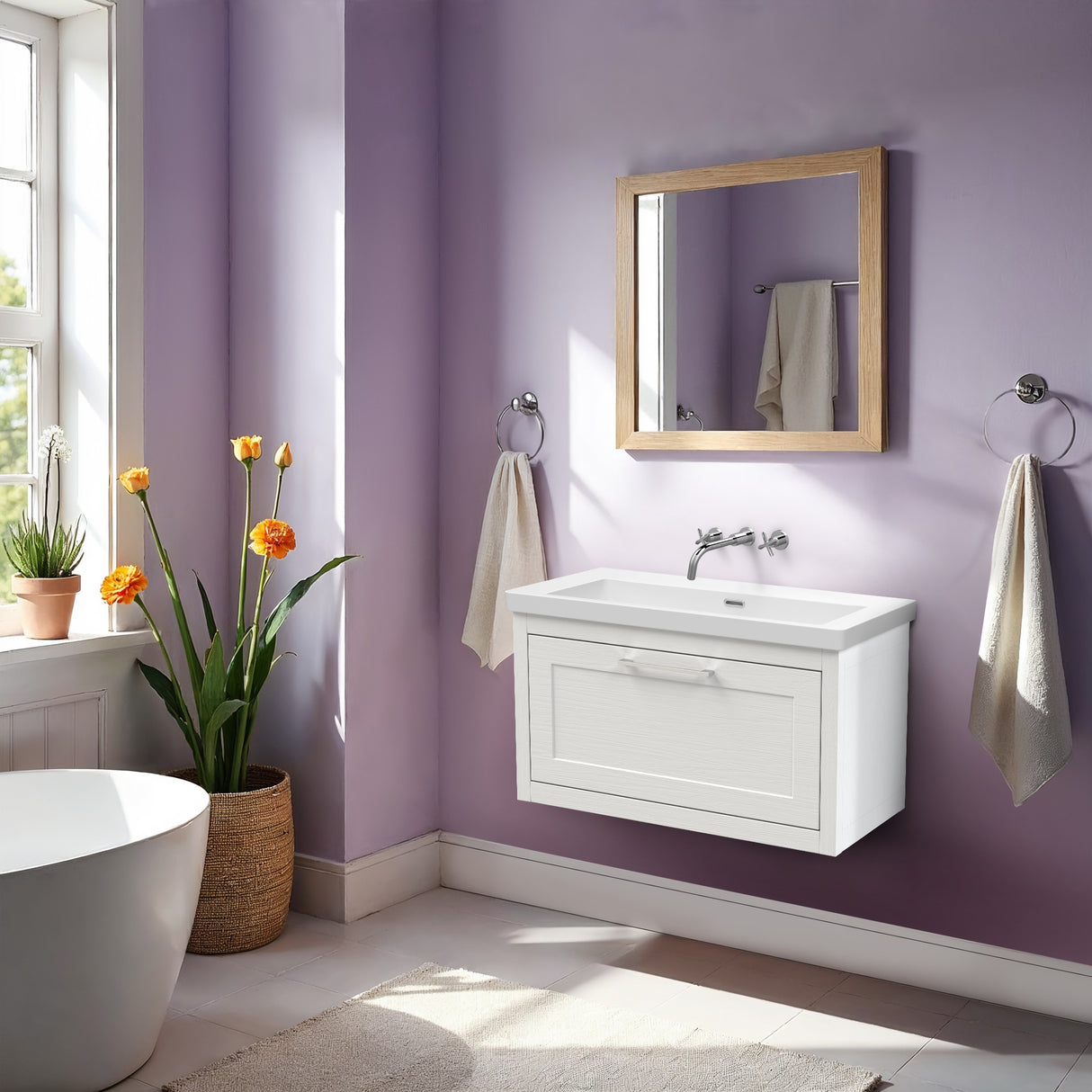 Traditional Bathroom Wall Hung Vanity with Modern Fireclay Basin Unit - Choice of Size, Colour and Basin Type