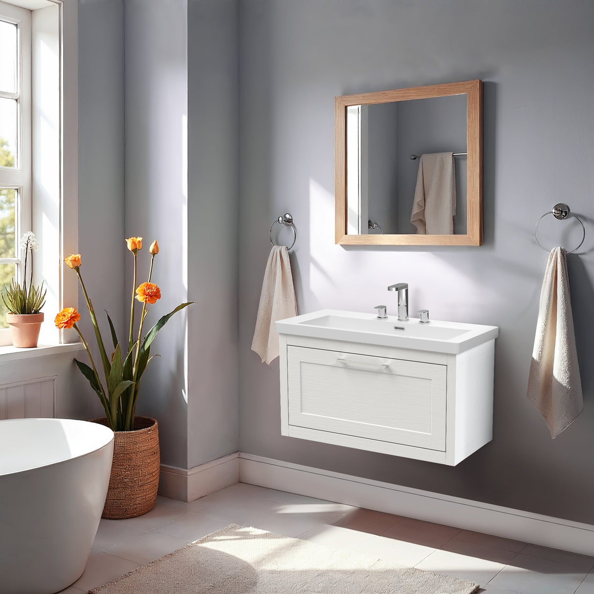 Traditional Bathroom Wall Hung Vanity with Modern Fireclay Basin Unit - Choice of Size, Colour and Basin Type