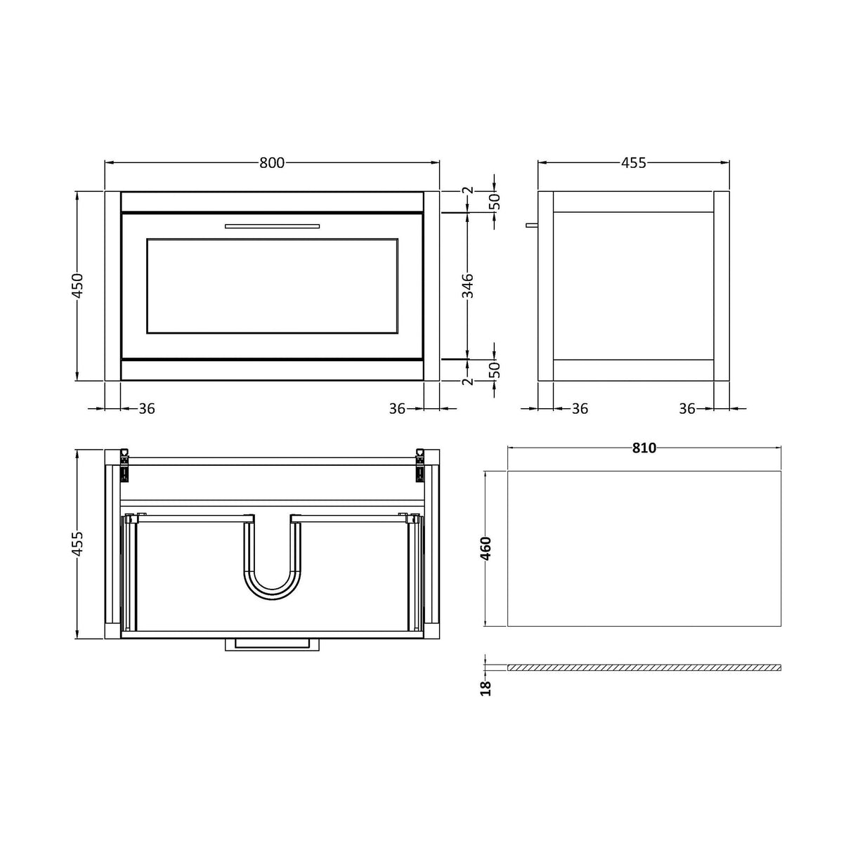 [BFCR196WMT] Blithbury Traditional Bathroom Wall Hung Vanity Unit and Worktop - Choice of Size and Colour - Technical Drawing