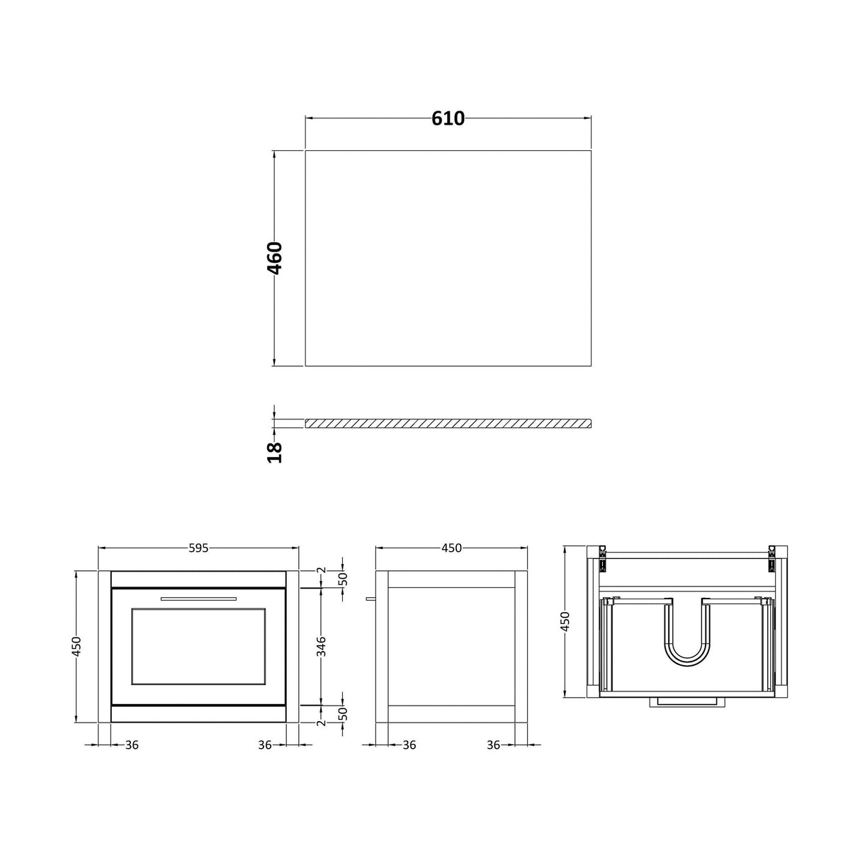 [BFCR294GMT] Blithbury Traditional Bathroom Wall Hung Vanity Unit and Worktop - Choice of Size and Colour - Technical Drawing