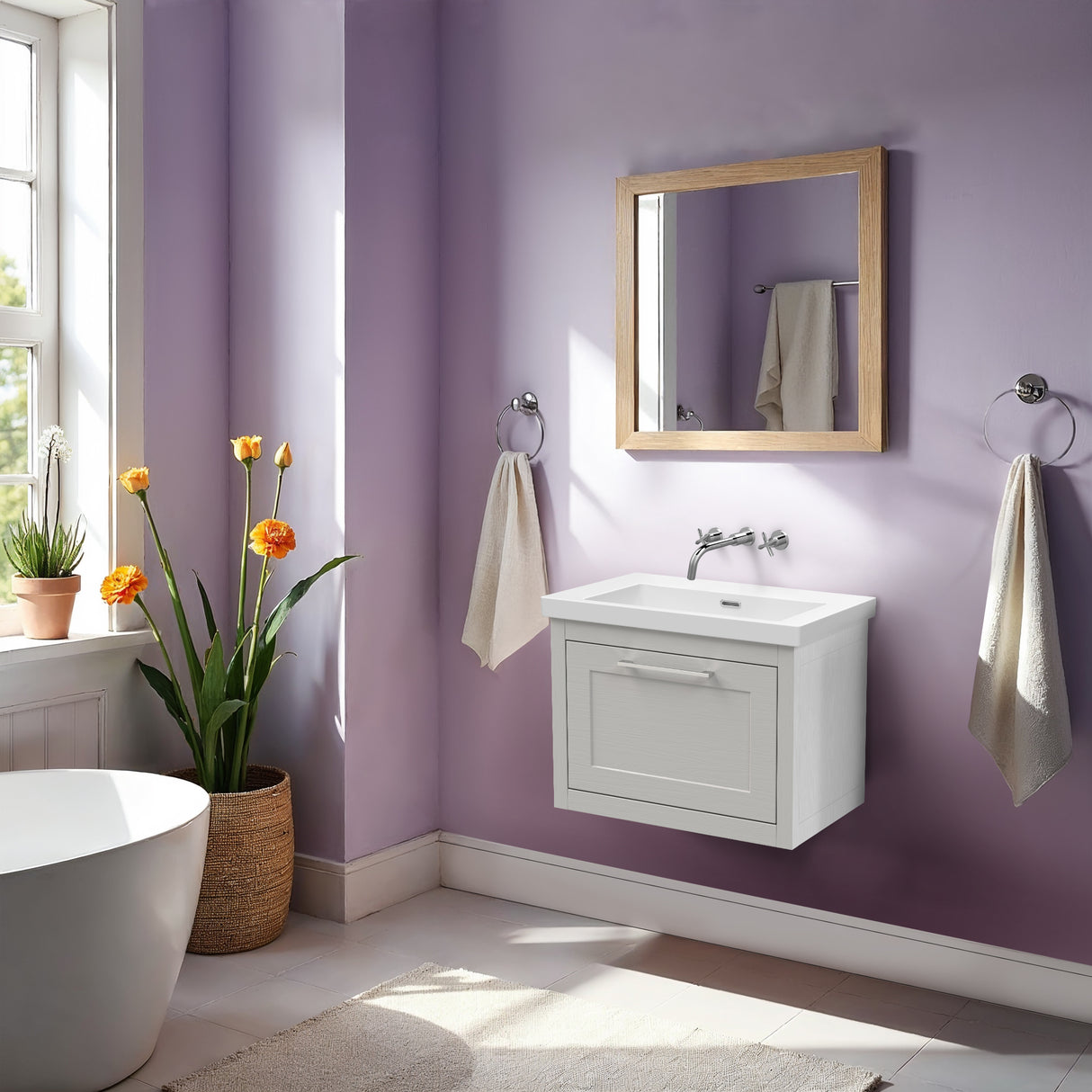 Traditional Bathroom Wall Hung Vanity with Modern Fireclay Basin Unit - Choice of Size, Colour and Basin Type