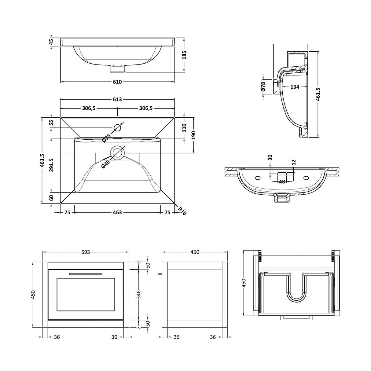 [BFCR294L] Blithbury Traditional Bathroom Wall Hung Vanity with Modern Fireclay Basin Unit - Choice of Size, Colour and Basin Type - Technical Drawing
