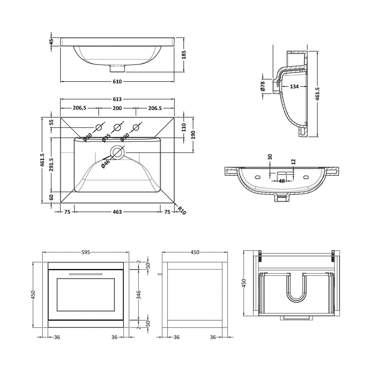 [BFCR294M] Blithbury Traditional Bathroom Wall Hung Vanity with Modern Fireclay Basin Unit - Choice of Size, Colour and Basin Type - Technical Drawing