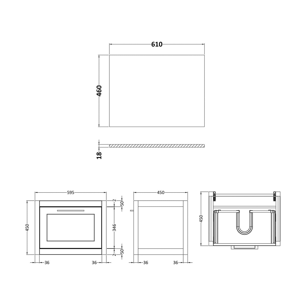 [BFCR294WMT] Blithbury Traditional Bathroom Wall Hung Vanity Unit and Worktop - Choice of Size and Colour - Technical Drawing