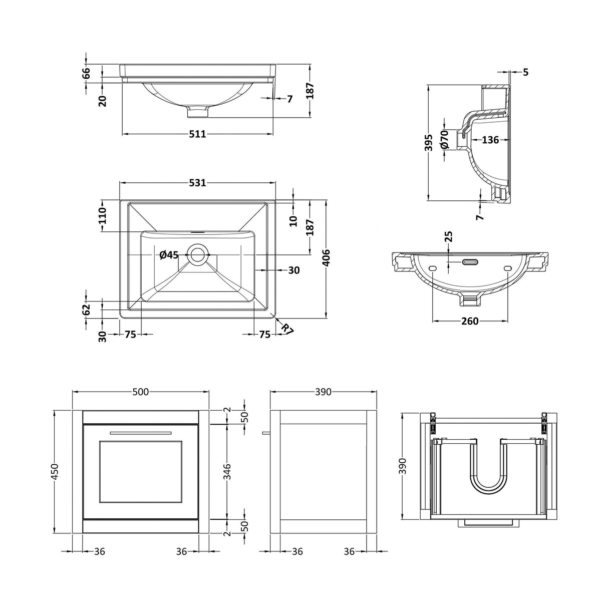 [BFCR891H] Blithbury Traditional Wall Hung Vanity Basin Unit with Fireclay Basin - Choice of Size, Colour and Basin Type - Technical Drawing